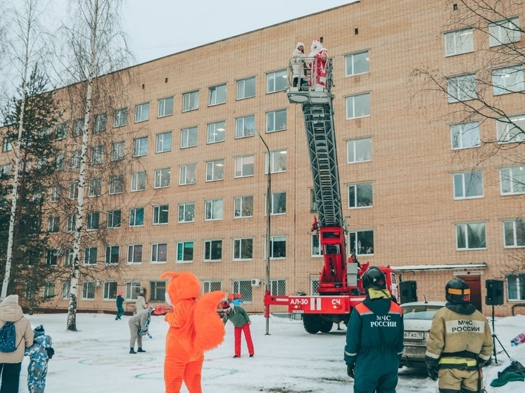 Дед Мороз заглянул в окно детской больницы в Петрозаводске с пожарной автолестницы