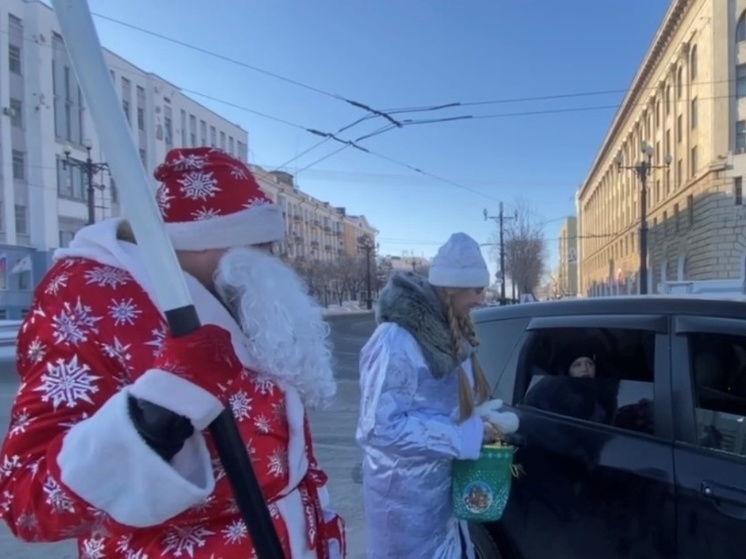 Полицейские в костюмах Деда Мороза и Снегурочки поздравили хабаровских автолюбителей