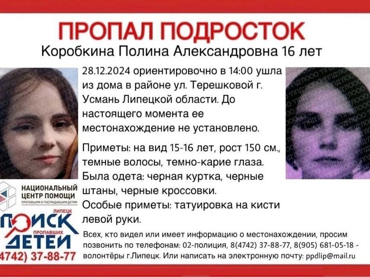 В Липецкой области продолжают искать пропавшую 16-летнюю Полину Коробкину