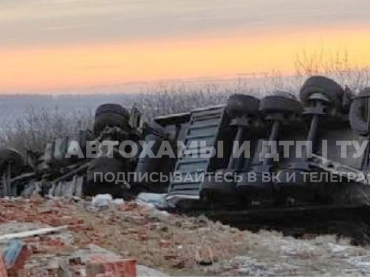 Под Тулой большегруз врезался в кирпичную остановку, съехал в кювет и перевернулся