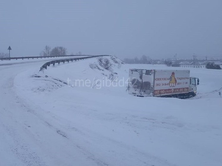 Грузовик вылетел в кювет на кузбасской трассе