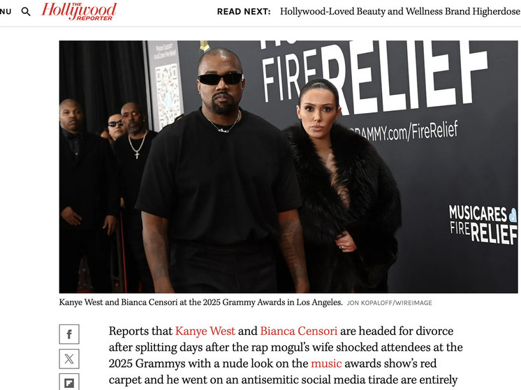 Новость о разводе Канье Уэста и Бьянки Ценсори опроверг журнал The Hollywood Reporter