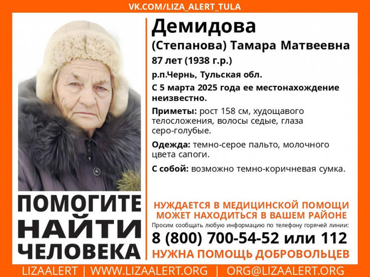 В Черни пропала 87-летняя тулячка в темно-сером пальто