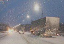 Пробка из фур образовалась из-за выпавшего снега вечером 9 марта на подъеме дороги возле поселка Песчанка в Чите