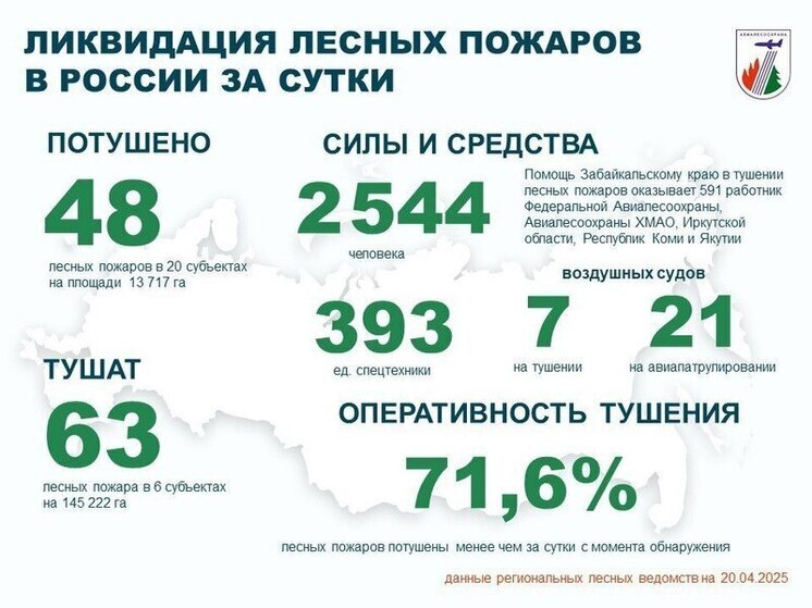 В России за сутки ликвидировали 48 лесных пожаров, продолжаются работы на 63 очагах