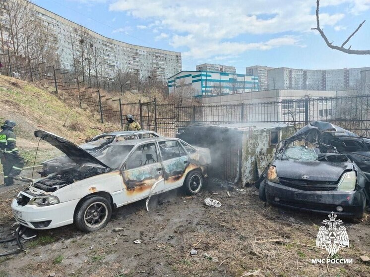 Два автомобиля полностью сгорели на парковке из-за бутылки в салоне во Владивостоке