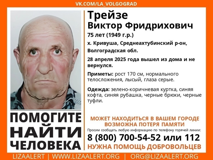 Под Волгоградом с 28 апреля ищут пропавшего 75-летнего мужчину