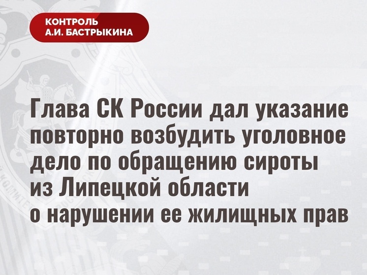 Глава СК РФ поручил повторно возбудить уголовное дело по обращению сироты из Липецкой области
