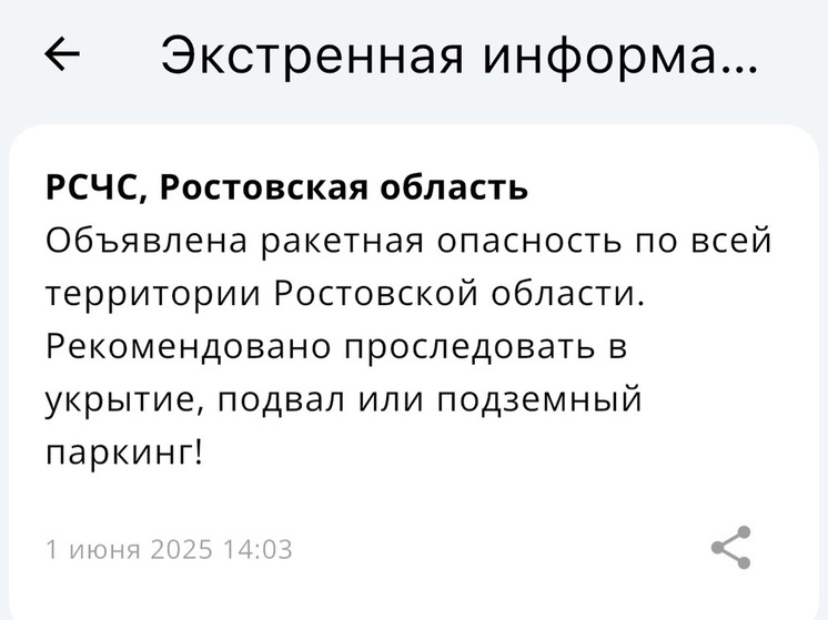 В Ростовской области объявили ракетную опасность 1 июня