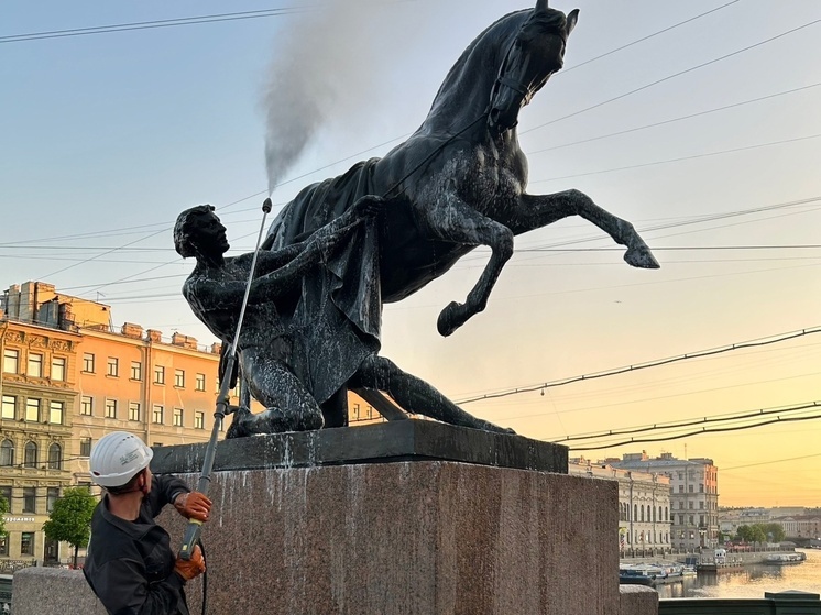 Статуи «Укротители коней» приняли холодный душ на Аничковом мосту в Петербурге