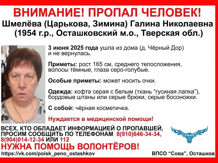 Пенсионерку в бордовых штанах ищут в Тверской области