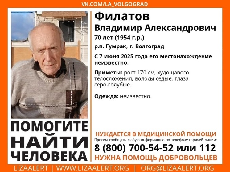 В Волгограде ищут пропавшего 70-летнего Владимира Филатова