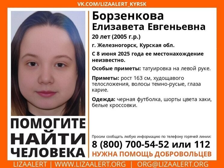 В курском Железногорске ищут пропавшую 20-летнюю Елизавету Борзенкову