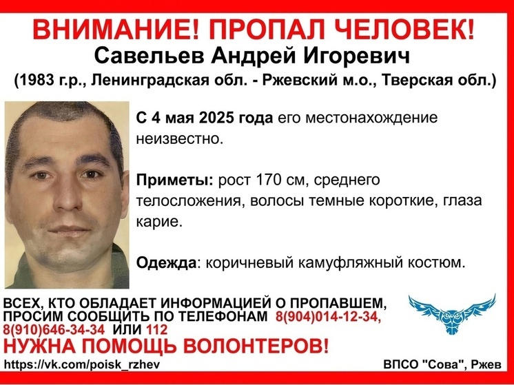 В Тверской области ищут пропавшего мужчину в коричневом камуфляжном костюме