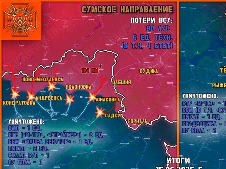 На Тёткинском и Глушковском направлениях уничтожено 7 единиц техники ВСУ