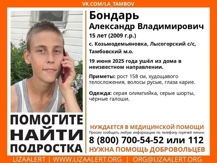 Тамбовские волонтеры разыскивают пропавшего 15-летнего подростка