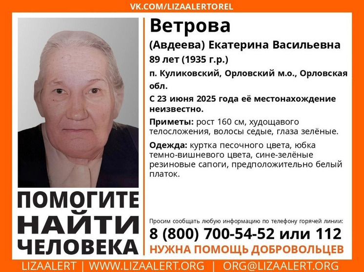 В Орловской области разыскивается пропавшая 89-летняя пенсионерка
