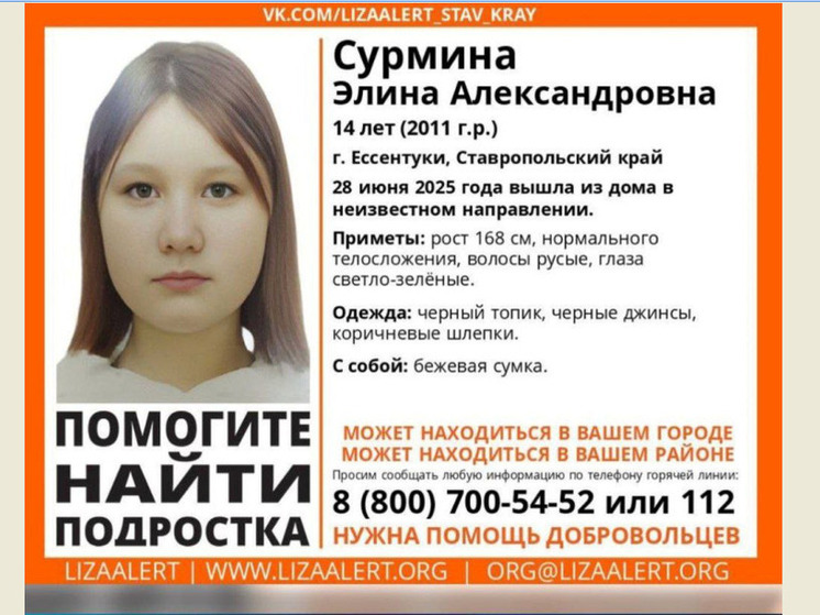 В Ессентуках разыскивают пропавшую 14-летнюю Элину Сурмину