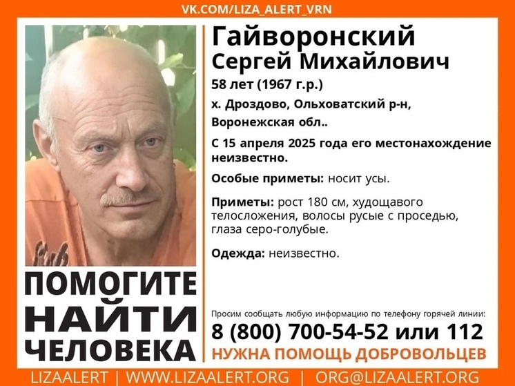 В Воронежской области пропал без вести 58-летний Сергей Гайворонский