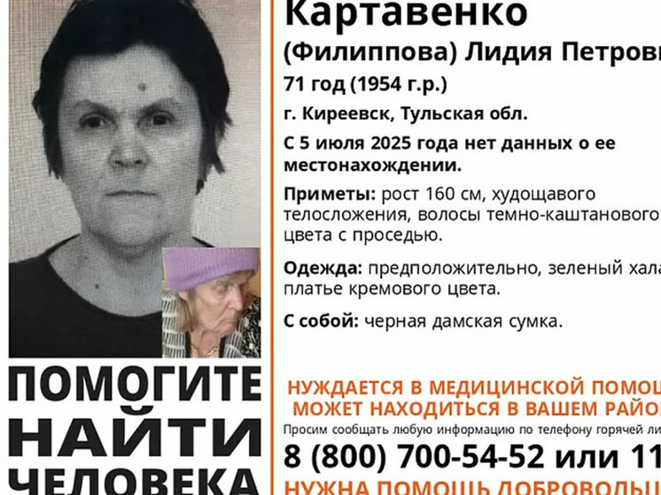 Туляки ищут 71-летнюю пропавшую пенсионерку в зеленом халате