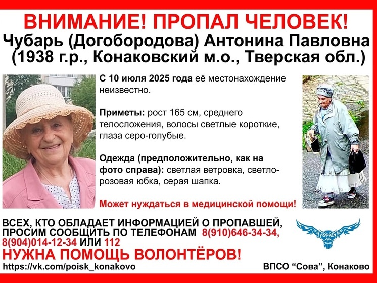 Появилась обновленная ориентировка на пропавшую в Тверской области пенсионерку