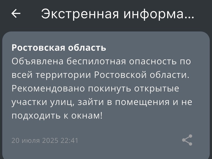 Второй раз за день 20 июля в Ростовской области объявили беспилотную опасность