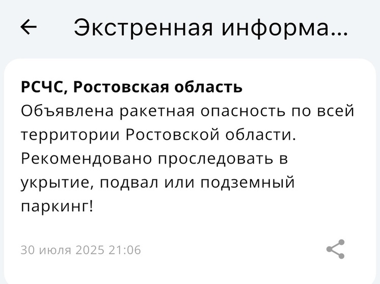 На территории всей Ростовской области ночью 30 июля объявили ракетную опасность