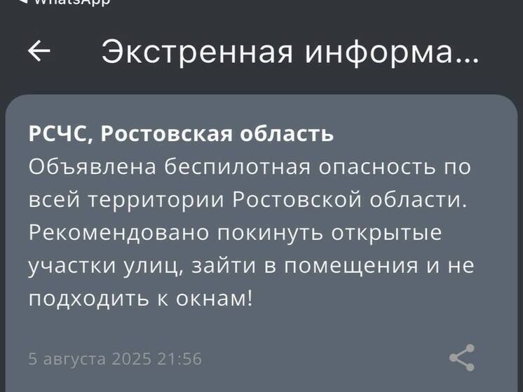 Угрозу атаки БПЛА объявили в Ростовской области ночью 5 августа