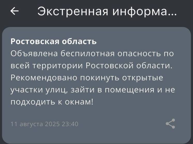 В Ростовской области ночью 11 августа объявили угрозу атаки БПЛА