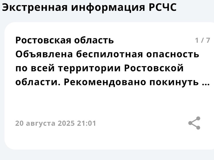 В Ростовской области объявили беспилотную опасность вечером 20 августа