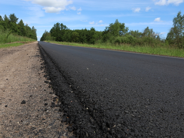Верхний слой асфальта начали укладывать на участке дороги Пушкинские Горы – Локня
