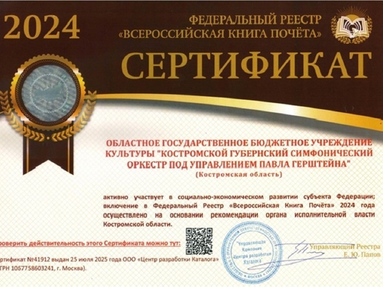 Костромской симфонический оркестр вошел во Всероссийскую книгу почета