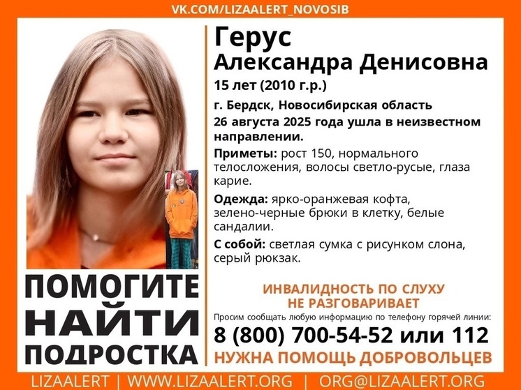 В Бердске под Новосибирском пропала 15-летняя девочка с сумкой со слоном