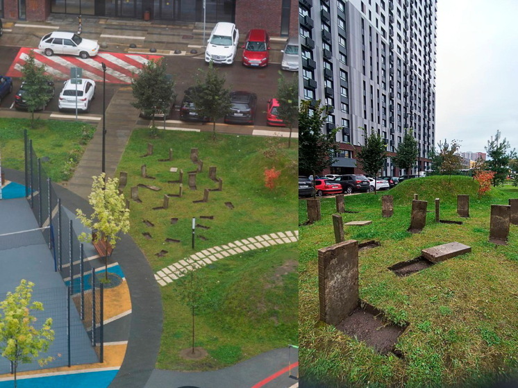 В московском ЖК коммунальщики уложили плиты на газон в виде надгробий