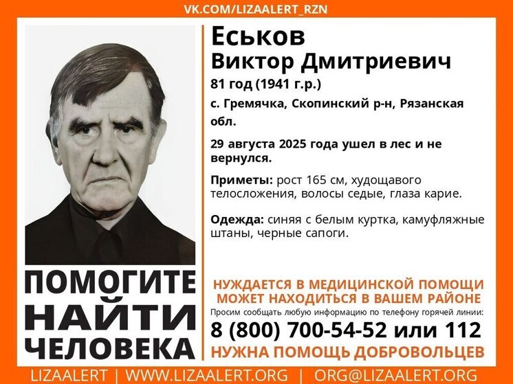 В Рязанской области пропал нуждающийся в медицинской помощи пенсионер