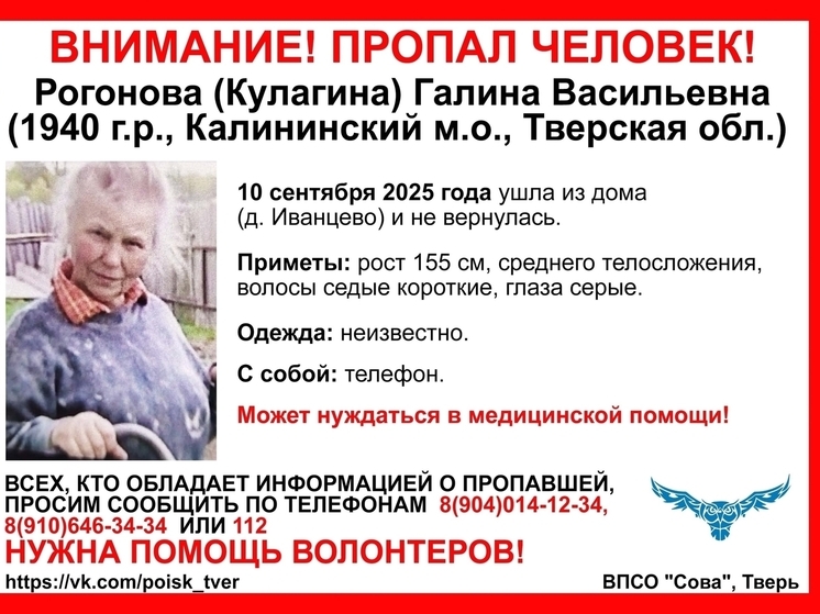 Под Тверью пожилая женщина ушла из дома и не вернулась