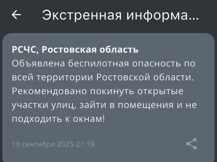 На территории Ростовской области вечером 19 сентября объявили беспилотную опасность