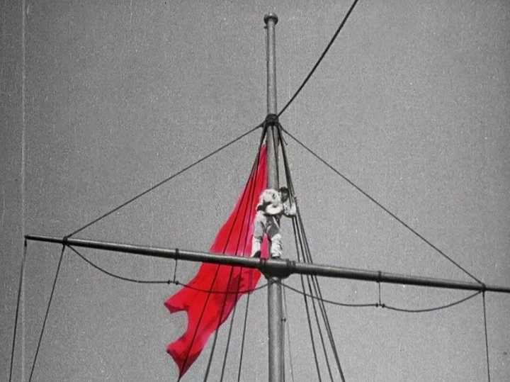 Red flag in a black and white film frame
