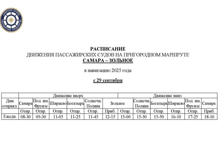 Изменится расписание речных судов из Самары в Зольное и Винновку с 29 сентября
