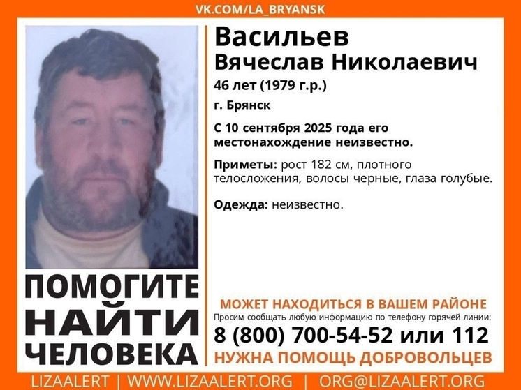 В Брянске ведутся поиски пропавшего 46-летнего Вячеслава Васильева