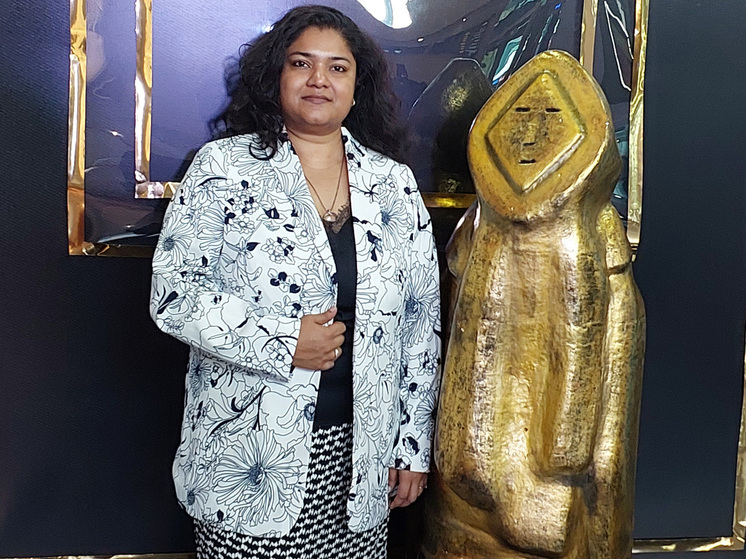 Director Anuradha Bansal from India speaks at a film festival.