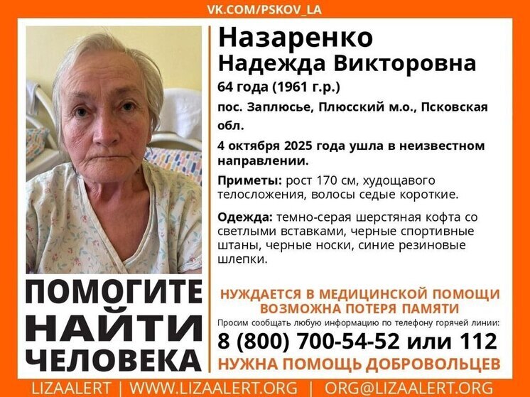В Псковской области пропала пожилая женщина, которая нуждается в медицинской помощи