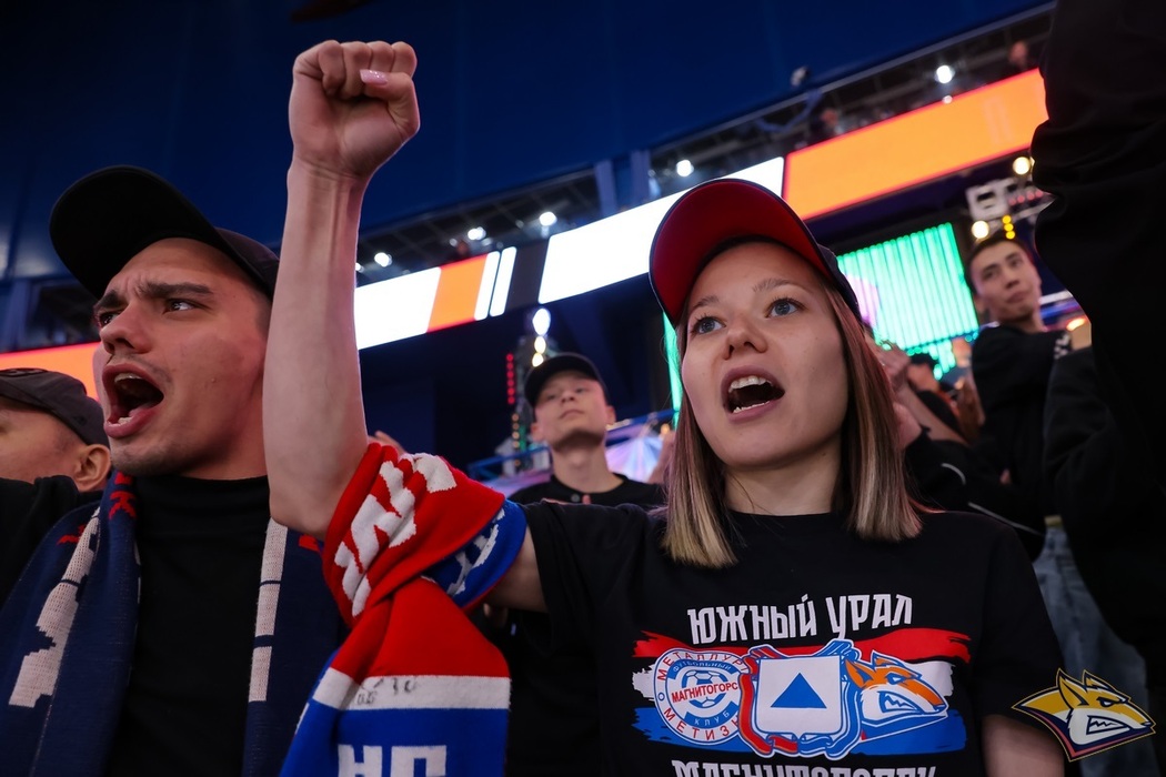 Улыбающаяся болельщица на хоккее