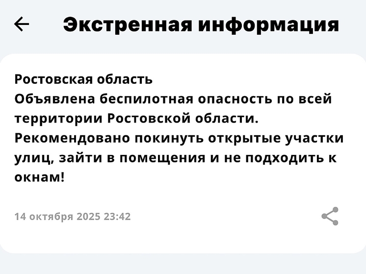Беспилотная опасность объявлена в Ростовской области 14 октября