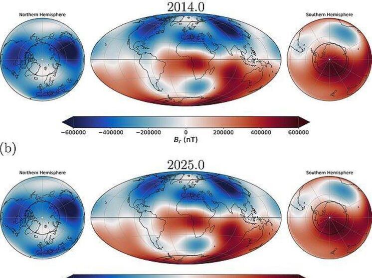 Загадочная "вмятина" в магнитном поле Земли увеличилась в размерах