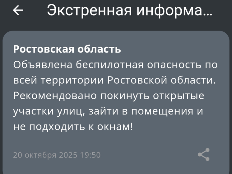 20 октября по всей Ростовской области объявлена опасность БПЛА