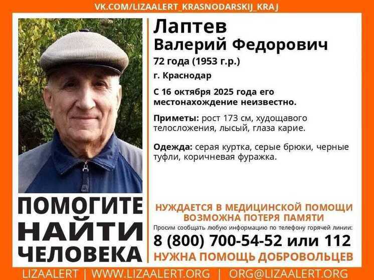 В Краснодаре ищут пожилого мужчину, пропавшего 16 октября
