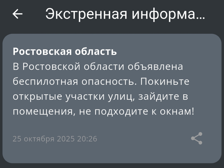 В Ростовской области объявлена опасность БПЛА 25 октября