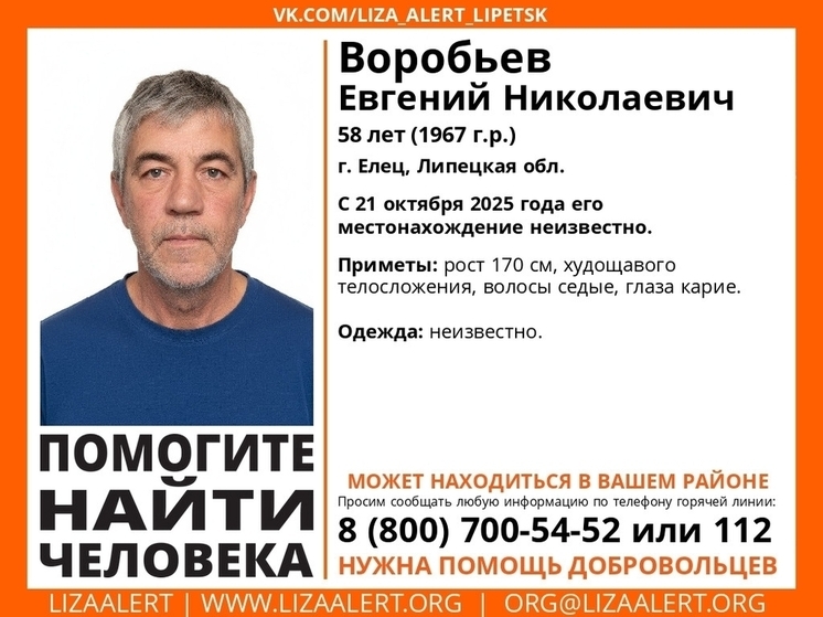 В Липецкой области разыскивают 58-летнего мужчину