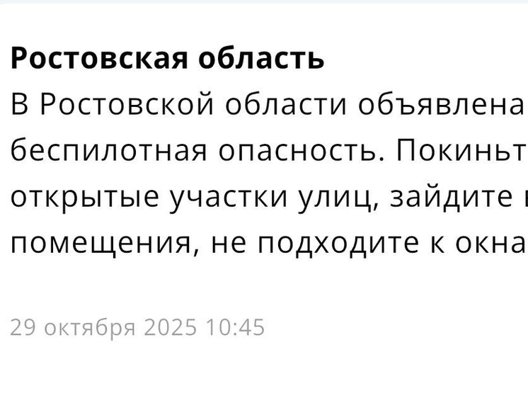 На территории Ростовской области утром 29 октября объявили беспилотную опасность